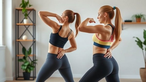 Women performing functional hip and spine moves in a home workout.