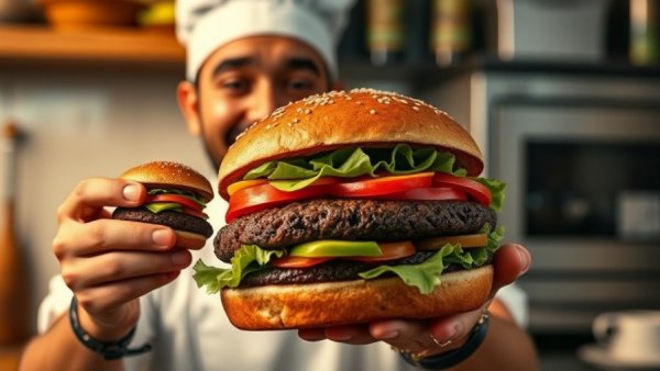 Delicious high protein black bean burger with happy chef in kitchen.