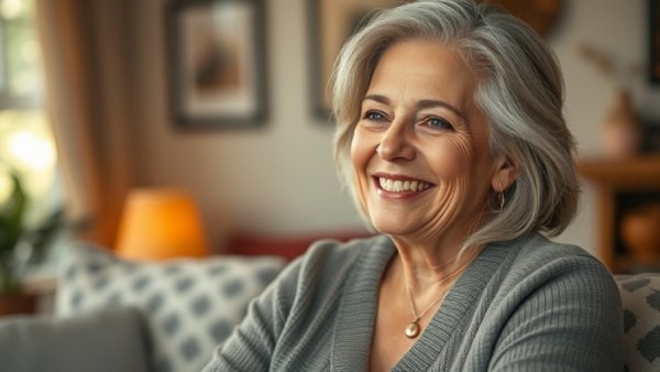 Confident woman enjoying soft life after 50, warm and cozy ambiance.