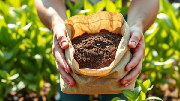 Person with compost bag for free soil enrichment under sunlight.