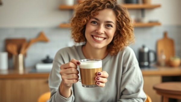 Young woman enjoying a functional latte in a cozy kitchen, highlighting the health benefits of this drink.
