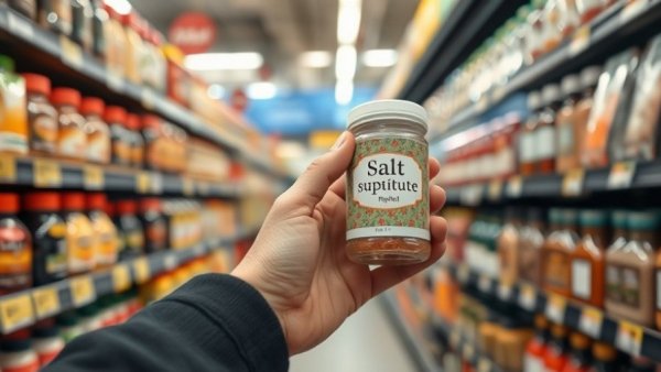 Close-up of salt substitute container in grocery store aisle.