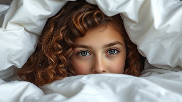 Curly-haired woman in hotel bed peeking from under sheets, sleep tourism hotels.