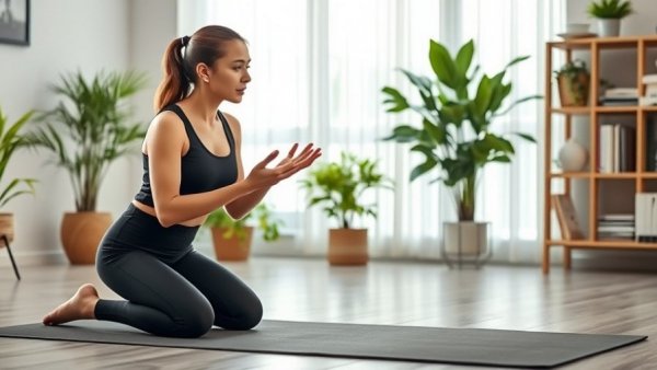 Woman discussing fitness alternatives at home, living room setting.