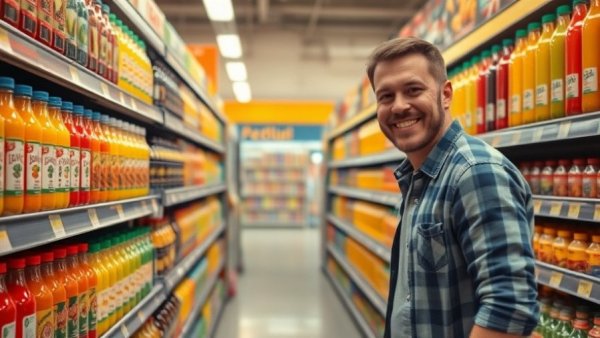 Healthy drink choices displayed by smiling man in grocery aisle.