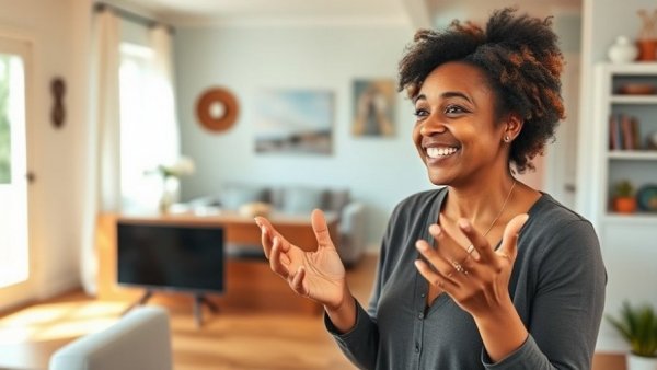 Engaging woman explaining detox system in bright home setting