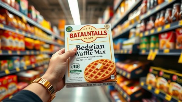 Close-up of boxed pancake and waffle mix in grocery aisle.
