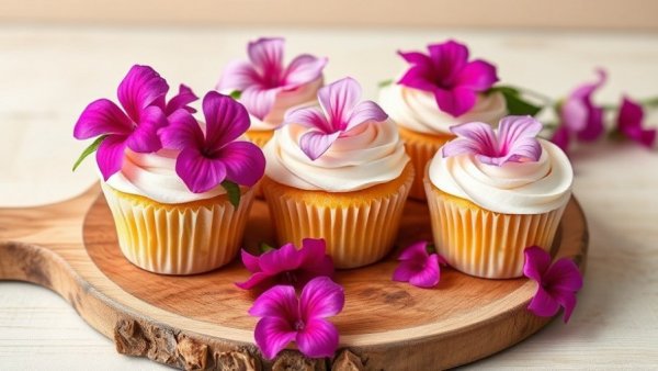 Decorative floral cupcakes on a wooden board, fun things to bake