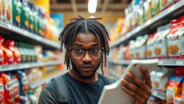 Young man examining flour on supermarket shelf, gluten misunderstanding.