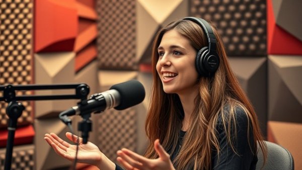 Engaged woman discussing Beyond Nutrition Cancer Support in a podcast studio.
