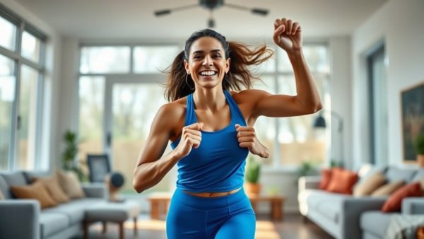Woman in vibrant blue clothing doing a quick at home workout.