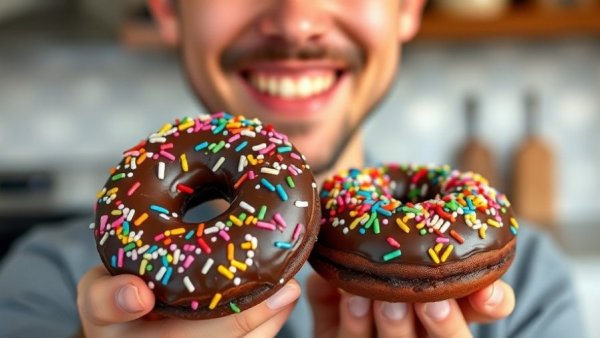 Gluten-free chocolate donuts with sprinkles and smiling man.