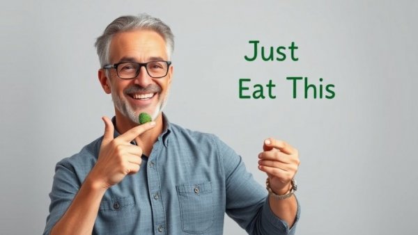 Man pointing at broccoli with text 'Just Eat This' for Essential Nutrition in 60 Seconds.