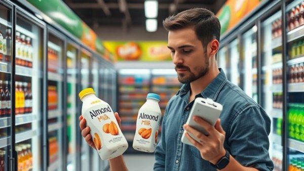 Man checking almond milk ingredients in grocery store aisle.