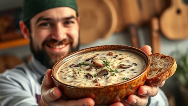 Creamy wild rice & mushroom soup health benefits in kitchen scene.