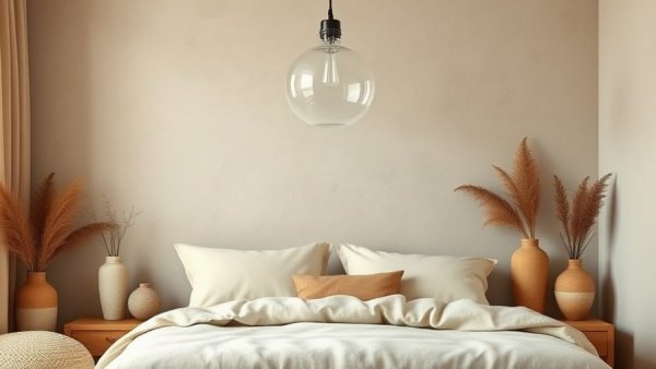 Warm guest bedroom with beige linens and rustic decor.