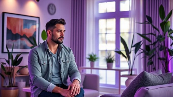 Casual conversation in cozy room with art and plants.