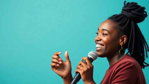 African-American woman discusses gut health and brain fog with a microphone.