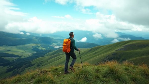 Perfect workout: A hiker on a hill overlooking a lush valley.