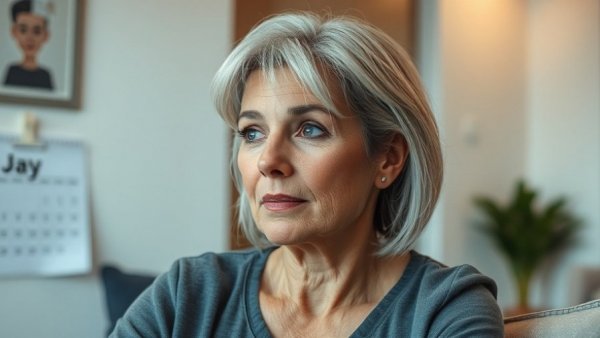 Thoughtful middle-aged woman in modern apartment, dating after 50.
