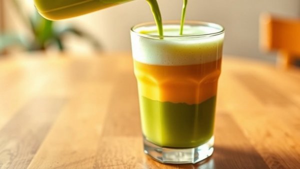 Layered creamsicle matcha latte with matcha pouring in a glass.