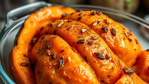 Close-up of roasted and seasoned pumpkin for healthy choices.