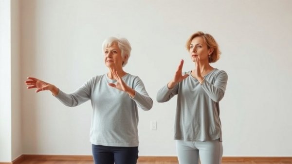 Gentle exercises for stability: two women demonstrating simple movements indoors.