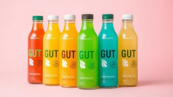 Variety of the best gut health drinks displayed on a neutral background.