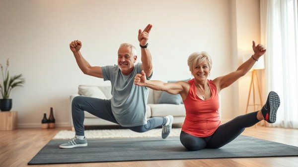 Older adults exercising in a minimalistic room, promoting body weight workout for any age.