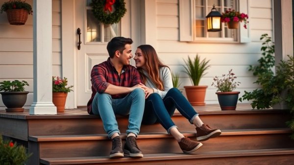 Young couple on porch sharing a moment, long-distance relationship ideas.