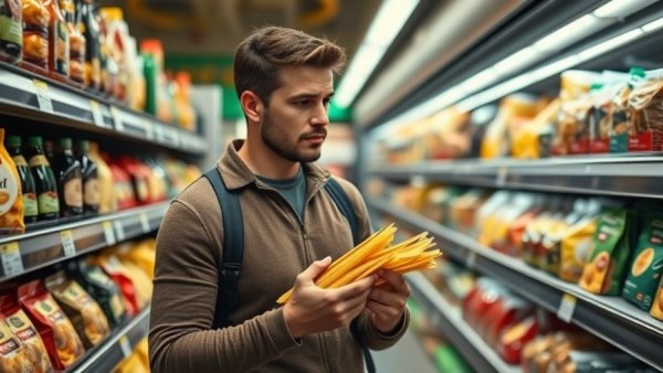 Man in grocery store examining pasta for healthy recipe.
