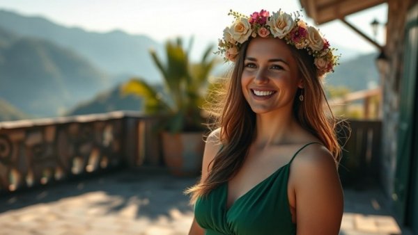 Woman in green dress with floral crown enjoying spring sunlight.