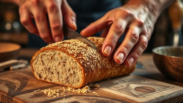 Slicing high-protein lentil loaf with seeds on a wooden board.