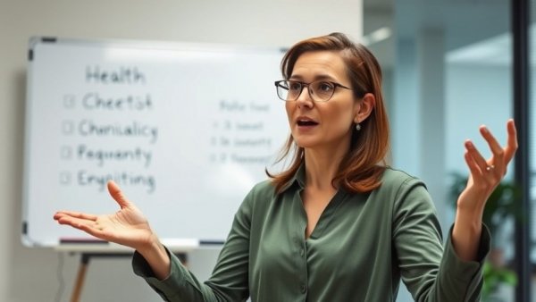 Woman explaining health concepts related to detox in an office.