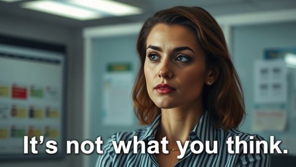 Confident woman in office setting, insightful expression.