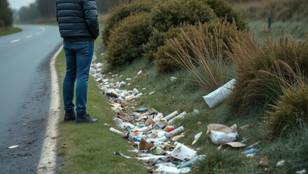 Observer standing by a littered roadside, impact of littering on environment.