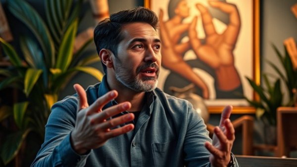 Man gesturing indoors with vibrant decor discussing foods that lower blood pressure.