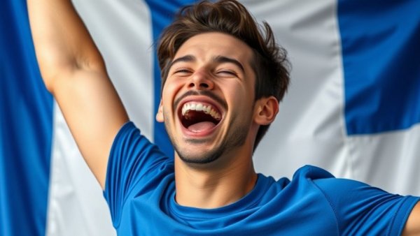 Ecstatic young man cheering against flag background, happiest countries in the world.