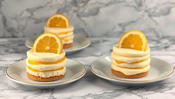 Plates with lemon cream dessert artfully arranged on marble.