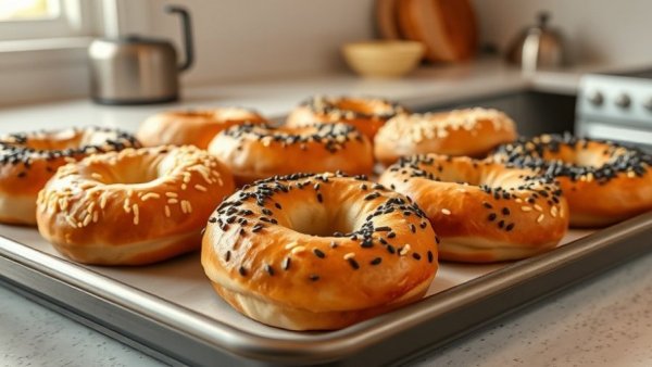 Freshly baked authentic bagels on a kitchen tray.