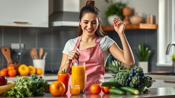 Woman in pink apron making a juice for liver health and weight loss.