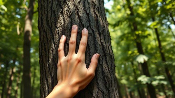 Hands embracing a tree on forest therapy trails in the U.S.