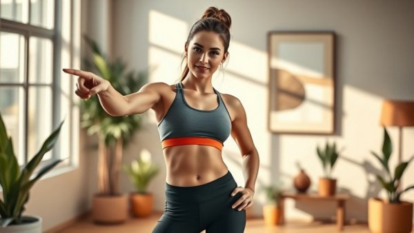 Confident woman in stylish room highlighting flabby arms.