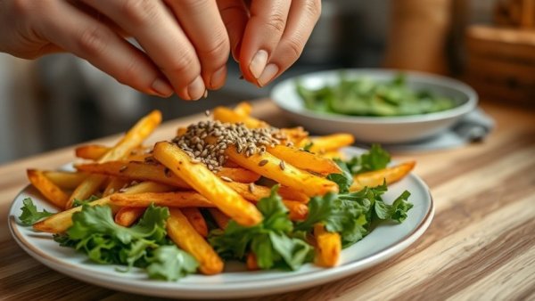 Unique garnish on fries with seeds in a kitchen setting.