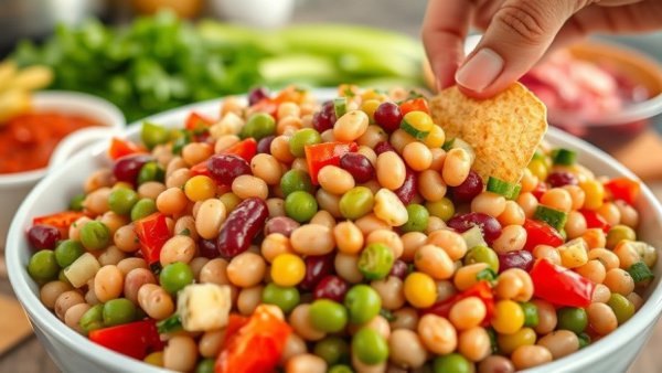 Vibrant bean salad being scooped, ideal for healthy eating.
