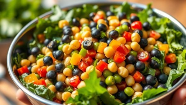 Fresh black eyed pea and collard green salad, vibrant colors.