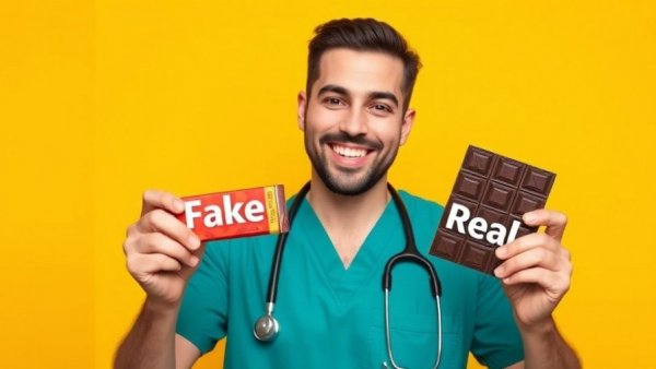 Real Chocolate vs Fake Chocolate comparison by smiling man.