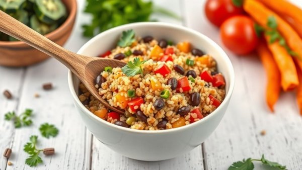 Quick Quinoa Breakfast Bowl with mixed veggies on a plate.