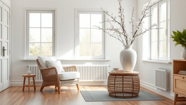 Serene minimalist living room with warm lighting