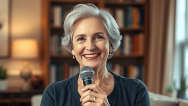 Choosing yourself changes everything: joyful woman with a microphone indoors